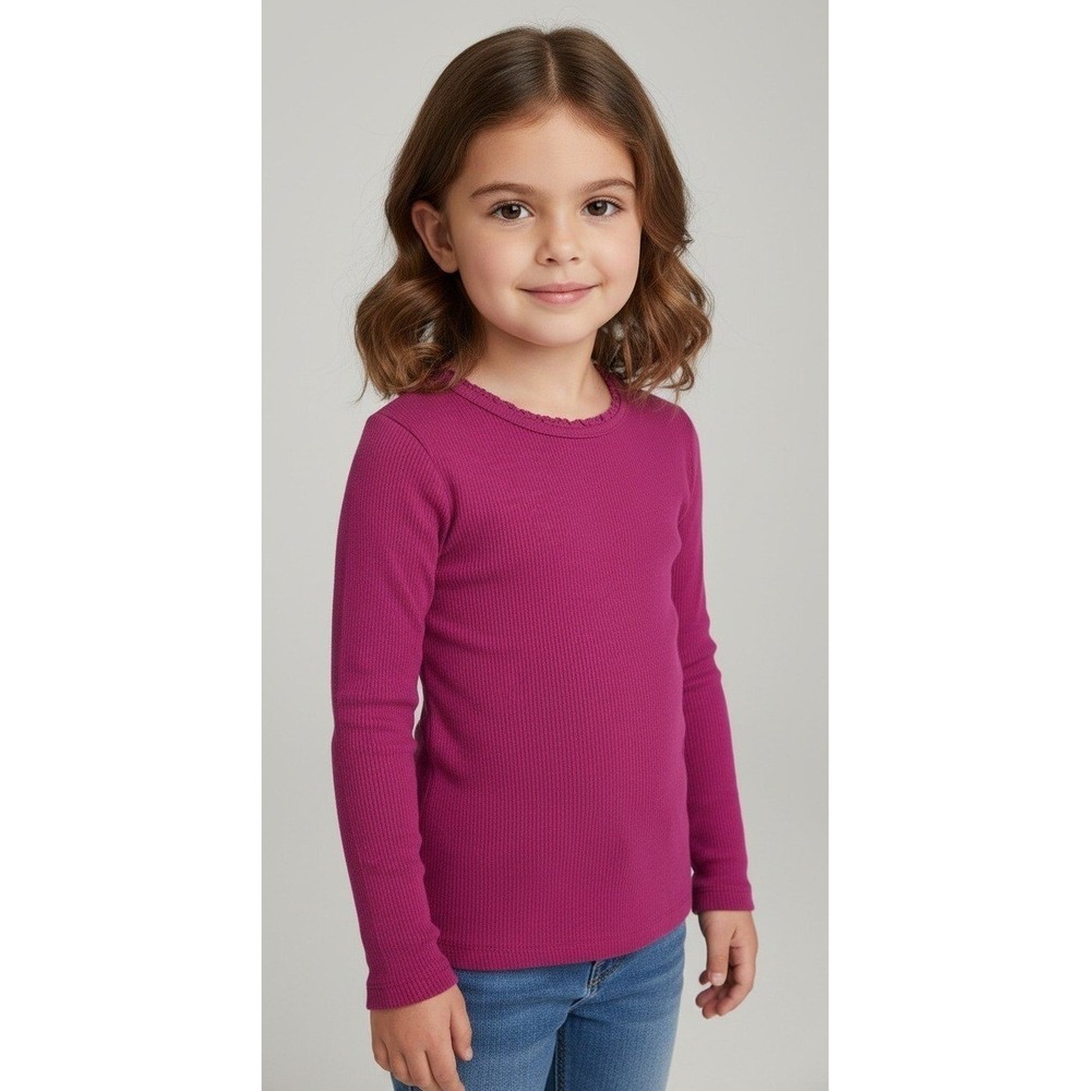 Boden Mini Girls Berry Pink Ribbed Long Sleeve Top Crochet Trim SZ 9-10Y preppy